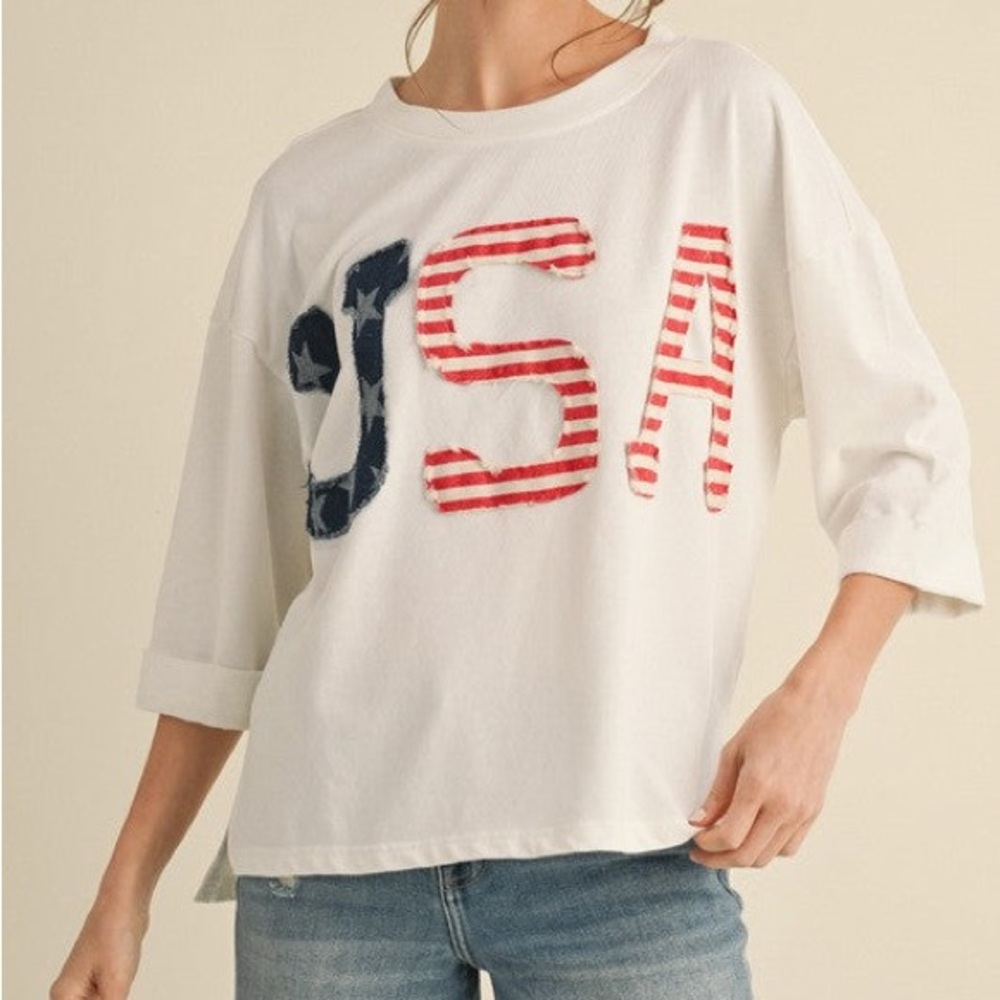 JODIFL Patriotic USA Red White and Blue boxy 3/4 Patchwork Top